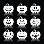 Celebrating Halloween - pumpkin with scary faces white icons set isolated on black