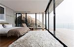 Shag rug and glass walls in modern bedroom