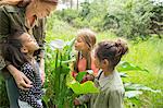 Students and teacher examining plants outdoors