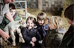 Children and new-born lambs in a lambing shed.