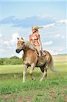 Young woman riding a Haflinger horse in a field in summer, Upper Palatinate, Bavaria, Germany