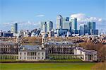 View of the The Old Royal Naval College and Canary Wharf, taken from Greenwich Park, London, England, United Kingdom, Europe