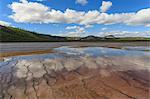 Grand Prismatic Spring reflections with Twin Buttes, Midway Geyser Basin, Yellowstone National Park, UNESCO World Heritage Site, Wyoming, United States of America, North America