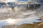 Freezing mists and thermal features, dawn, West Thumb Geyser Basin, Yellowstone National Park, UNESCO World Heritage Site, Wyoming, United States of America, North America