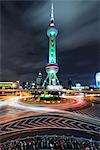 Oriental Pearl Tower with light trails in Shanghai Pudong, Shanghai, China, Asia