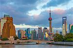 Pudong Financial District skyline, including Oriental Pearl Tower, and bridge over Wusong River (Suzhou Creek), Shanghai, China, Asia