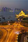 Museum of Islamic Art and West Bay Central Financial District from East Bay District at dusk, Doha, Qatar, Middle East