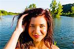 Portrait of young woman with hand in her hair, Delaware Canal State Park, New Hope, Pennsylvania, USA