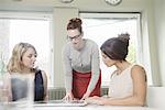 Three businesswomen looking at blueprint in office