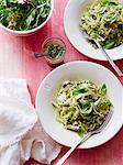 Spaghetti, pumpkin and chicken with pesto