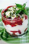 Greek yogurt with strawberries and pistachio nuts (close-up)