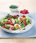 Mixed leaf salad with avocado, raspberries, mozzarella, dill and pine nuts