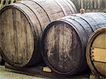 Old wine barrels in a cellar in the Kakheti wine region, Georgia, Caucasus