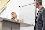 Businesspeople at speakers desk in auditorium with flip chart