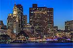 Boston skyline at dusk viewed from East Boston, Massachusetts, USA