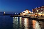 Lighthouse at Venetian port and Turkish Mosque Hassan Pascha at night, Chania, Crete, Greek Islands, Greece, Europe