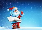 Santa Claus is standing in the snow snow New Year's Eve. Santa Claus smiling. Santa Claus is holding an open book. Open book in the hands of Santa Claus