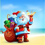 Santa Claus is standing on the sea shore at the beach. Santa Claus holding a glass of cocktail. Behind Santa's bag with gifts worth.