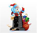 Santa Claus smiling, showing thumbs up. Santa Claus standing behind a podium and says congratulatory speech.