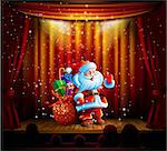 Santa Claus standing on a stage and wishes all a Happy New Year. Santa Claus is standing on the stage and communicates with the audience. Santa Claus on stage with a bag of gifts.