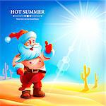 Santa Claus in the summer. Santa Claus is standing in the desert in the same pants and showing thumbs up. Santa Claus hot in summer.