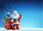 Santa Claus standing in the snow with a bag of gifts and showing thumb up. He stands on a dark blue sky with stars. Bag with gifts Santa standing in snowdrift.