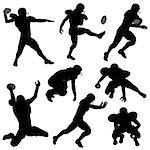 Set of Silhouettes of American Football Players in various Poses with the Ball, vector isolated on white background