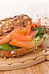 Salmon bagel detail with fresh salmon. Healthy american eating.