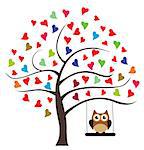 vector tree with hearts and owl swinging