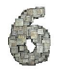 3d gray tile six 6 number fragmented on white