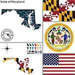 Vector set of Maryland state with flag and seal on white background