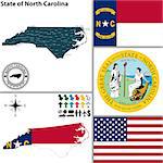 Vector set of North Carolina state with flag and icons on white background