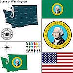 Vector set of Washington state with flag and icons on white background