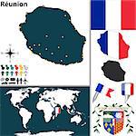 Vector of Reunion set with detailed country shape with flags and icons