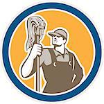 Illustration of a janitor cleaner worker holding mop standing viewed from front set inside circle on isolated background done in retro style.