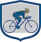 Illustration of a cyclist biking riding mountain bike facing side set inside shield on isolated background done in retro style.