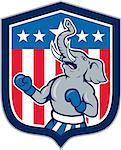 Illustration of a republican elephant boxer mascot of the republican party with stars and stripes in the background set inside shield crest done in cartoon style.