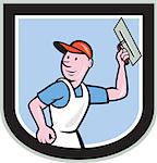 Illustration of a plasterer masonry tradesman construction worker with trowel set inside shield crest done in cartoon style on isolated background.