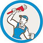 Illustration of a plumber holding monkey wrench set inside circle on isolated white background done in cartoon style.