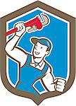 Illustration of a plumber holding monkey wrench on isolated background set inside shield crest done in cartoon style.