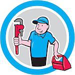 Illustration of a plumber holding monkey wrench and toolbox set inside circle done in cartoon style on isolated background.