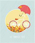 Autumn postcard template with bicycle and red umbrella