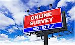 Online Survey - Red Billboard on Sky Background. Business Concept.
