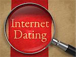 Internet Dating through Magnifying Glass on Old Paper with Red Vertical Line.