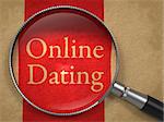 Online Dating through Magnifying Glass on Old Paper with Red Vertical Line.