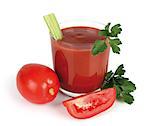 glass with tomato juice on white background