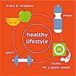 Infographic illustration of healthy lifestyle: water, fruits, music and sport on red background