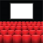 colorful illustration with cinema screen  and red seats on a dark background