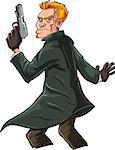 Cartoon spy with a gun looking over his shoulder. Isolated