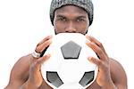 Close up portrait of a serious football fan over white background